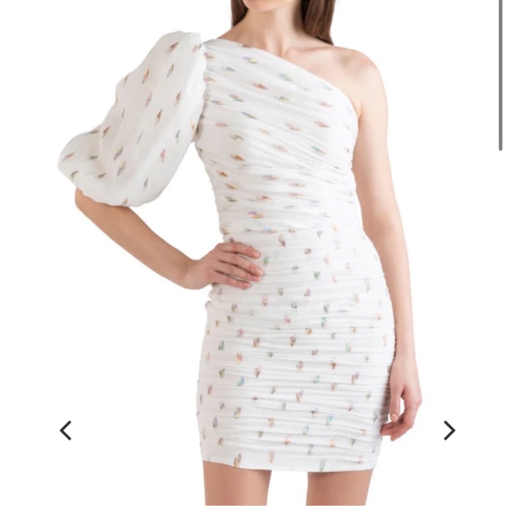 Shoshanna one shoulder white mini dress bridal shower reception wedding dress